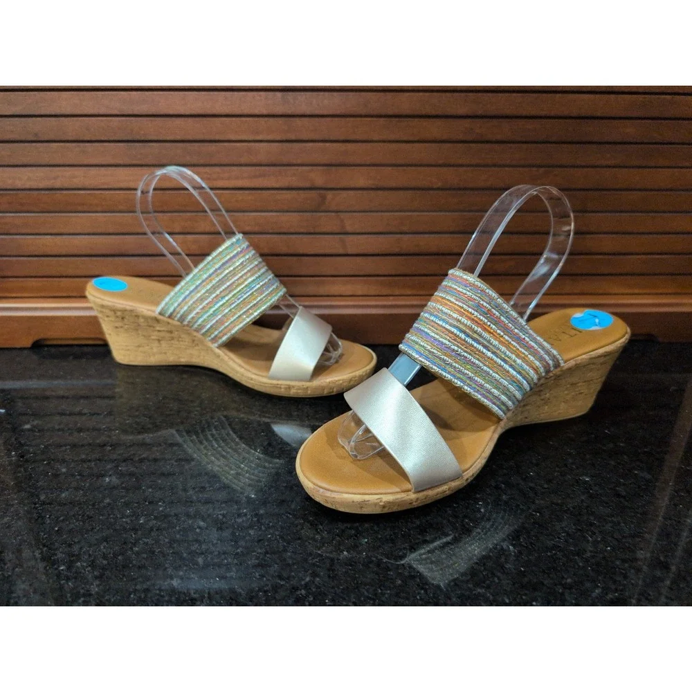 Italian Shoemakers Womens Gold Multi Metallic Striped Cork Wedge Sandals 7.5